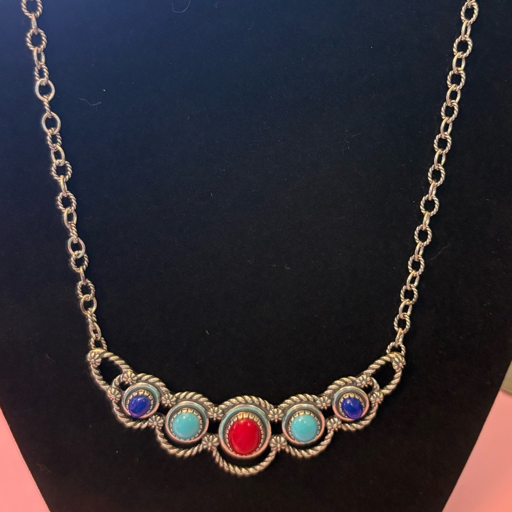 Relios American West 925 silver necklace with turquoise, lapis lazuli, and coral